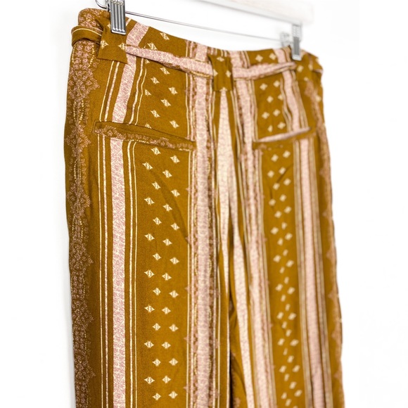 Free People Boho Printed Striped Wide Leg Belted Pants, Gold - Size 6 - Picture 6 of 8